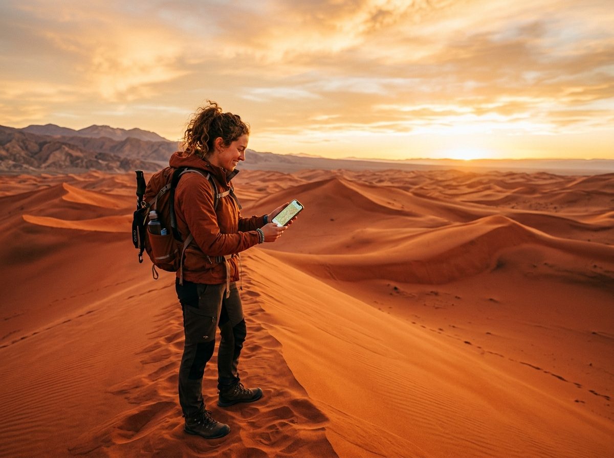 Turista usando smartphone en el desierto de Atacama, Chile